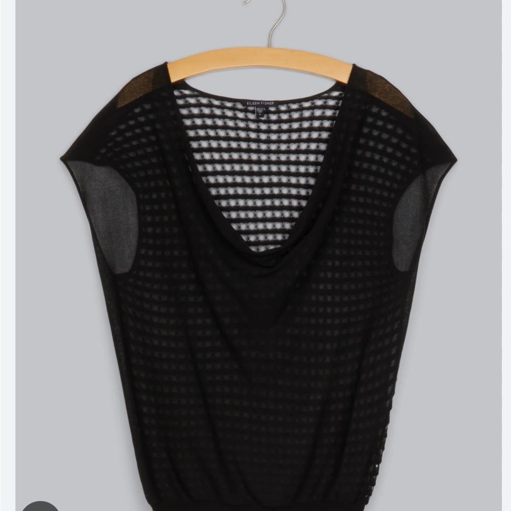 Eileen Fisher Black Cotton Lattice See Through Open Back Short Sleeve Top Large